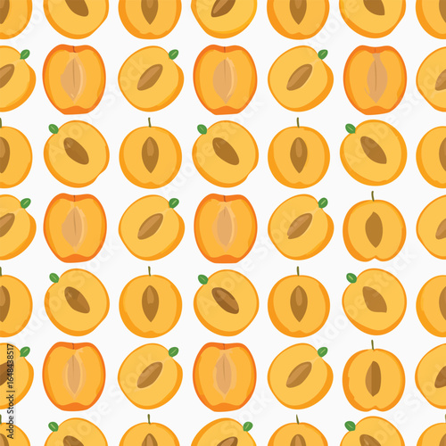 Seamless pattern of halved apricots with visible seeds, arranged in a repeating grid on a white background.