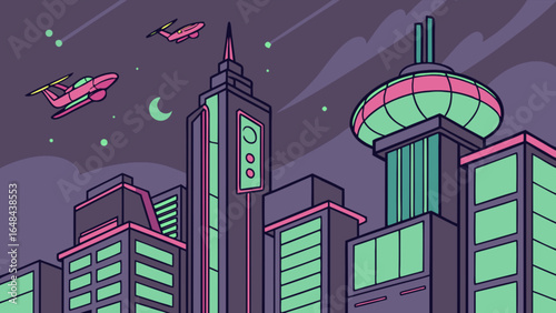 Cityscape illustration of futuristic city with flying planes and moon in night sky vector graphic design
