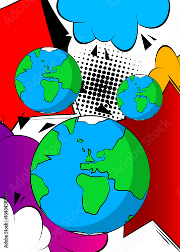 Cartoon planet Earth, comic book Geography. Retro vector comics pop art design.
