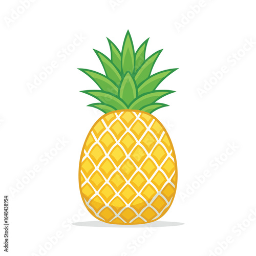 A detailed illustration of a ripe, yellow pineapple with green spiky leaves, isolated on white.
