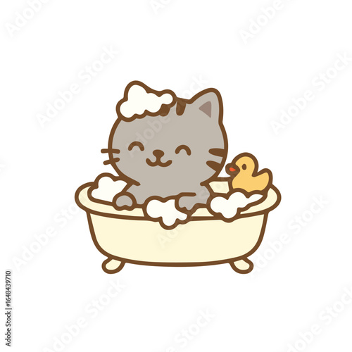 Cute Cartoon Cat Taking a Bubble Bath with a Rubber Duck