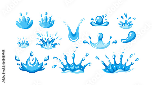 Blue water splashes and droplets liquid