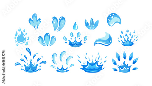Blue water splashes and droplets liquid