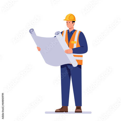 Construction Worker Reviewing Blueprint