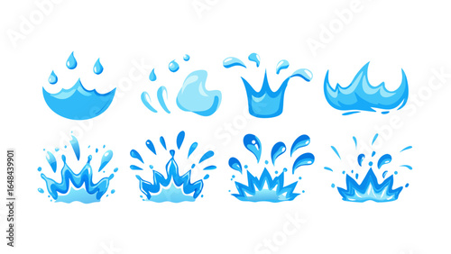 Blue water splashes and drops liquid
