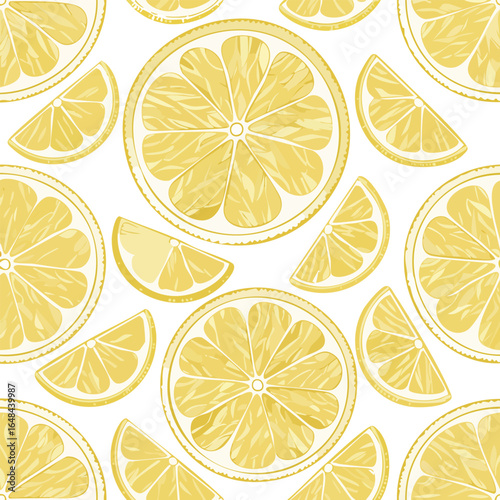 Seamless pattern of sliced lemons and lemon wedges on a white background, perfect for design.