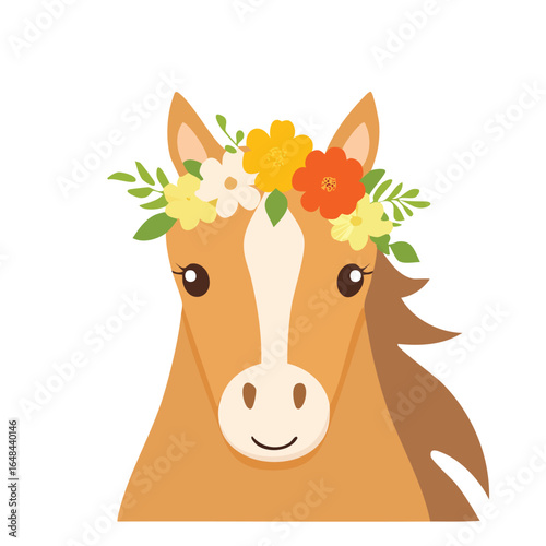 A charming cartoon horse with a floral wreath, showcasing a friendly and happy expression.