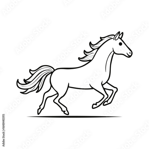 Black and white illustration of a horse running with detailed features and flowing mane.