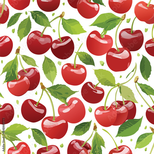 Vibrant illustration of ripe cherries with green leaves scattered on a white background.