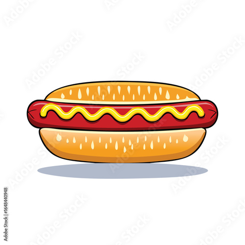 A detailed illustration of a hotdog with mustard on a sesame seed bun.