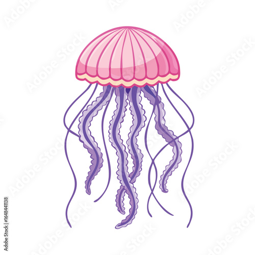 A detailed illustration of a vibrant pink and purple jellyfish swimming in the ocean.