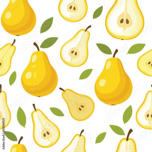 Seamless pattern of yellow pears with green leaves on a white background.