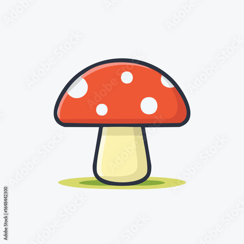A vibrant cartoon illustration of a red mushroom with white spots, a classic toadstool.