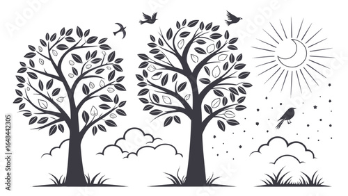 Eco-Friendly Icons – Stylized Trees with Water Drops, Recycling Symbol with Sun, and Solar Panels – Environmental Conservation and Renewable Energy Concept in Green Vector Illustration