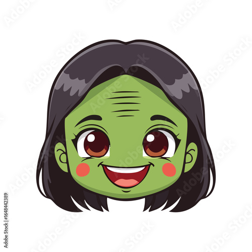 Cartoon illustration of a smiling green-skinned witch with dark hair and rosy cheeks.