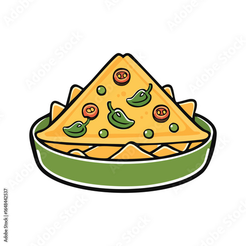 A detailed illustration of a plate of nachos with cheese, jalapenos, and tomatoes.