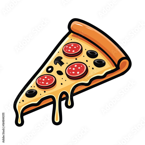 A detailed illustration of a delicious pizza slice with pepperoni, olives, and mushrooms.