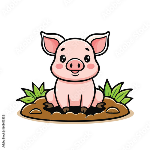 A charming cartoon illustration of a cute, smiling pink piglet sitting in a muddy patch with green grass.