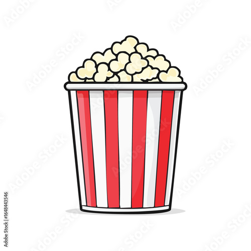 A detailed illustration of a classic red and white striped popcorn bucket filled with fluffy, popped popcorn.