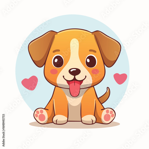 A cute cartoon puppy with orange fur, a white chest, and pink hearts, smiling happily.