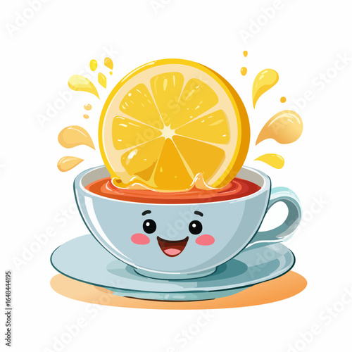 Cute kawaii teacup character with a fresh lemon slice splashing into hot tea. A cheerful and refreshing beverage illustration.