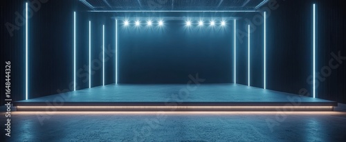 Empty stage Design for mockup and Corporate identity,Display.Platform elements in hall.Blank screen system for Graphic Resources.Scene event led night light staging,3D render