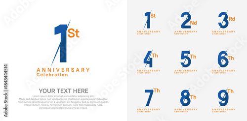 Anniversary logo set vector design, blue and orange color for celebration event