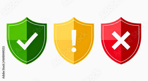 Set of modern security shield icons with checkmark, exclamation mark, and cross symbols for approved, warning, and error states.