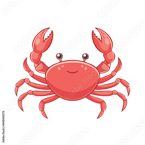 A cheerful cartoon illustration of a red crab with its claws raised, smiling widely.