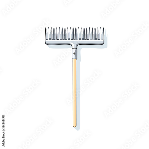 A detailed illustration of a gardening rake with a wooden handle and metal tines.