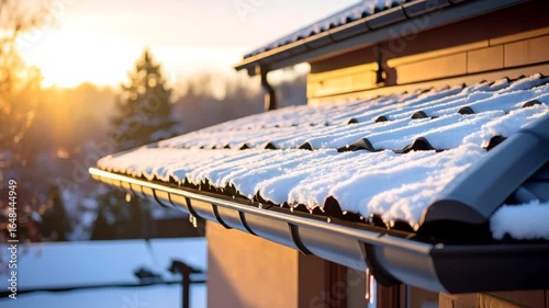 Snowy roof gutter sunrise