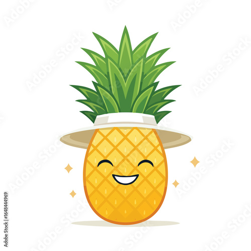 A cheerful cartoon pineapple wearing a hat, smiling brightly, and radiating joy.