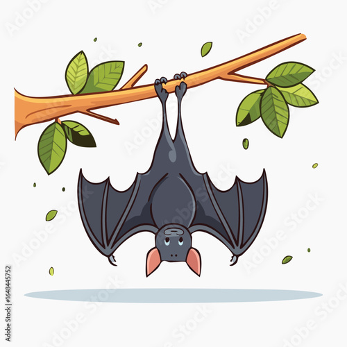 A detailed cartoon illustration of a cute bat hanging upside down from a tree branch with leaves.