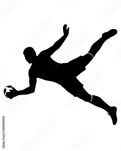Passionate soccer goalkeeper making a diving save with incredible athleticism and determination, victory is near
