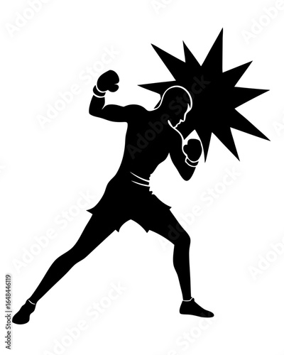 Dynamic silhouette of boxer delivering knockout punch with explosive impact, symbolizing strength and victory