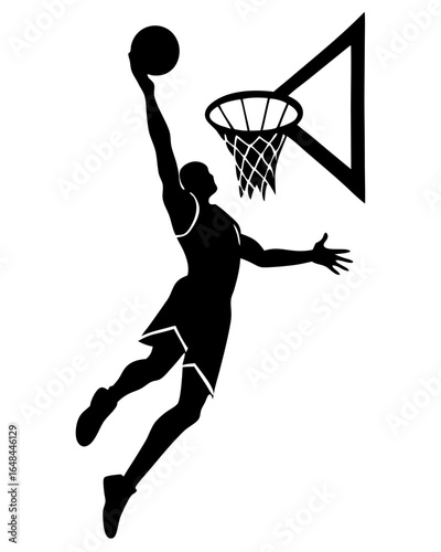 Dynamic basketball player silhouette soaring for slam dunk, sports action vector art delivering thrilling energy