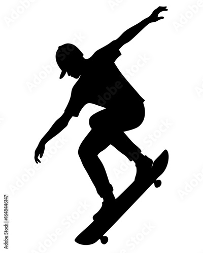 Dynamic skateboarder silhouette performing trick, capturing youthful energy and urban lifestyle appeal, vector