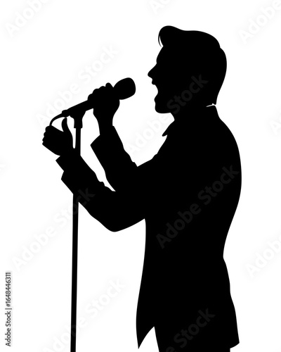 Dynamic silhouette of singer performing live on stage with microphone, captivating audience with powerful voice