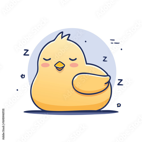 A cute cartoon illustration of a sleeping yellow chick with closed eyes and a peaceful expression.