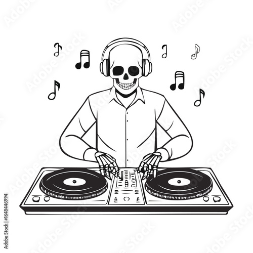 A skeleton dj wearing headphones, mixing music on a turntable setup.