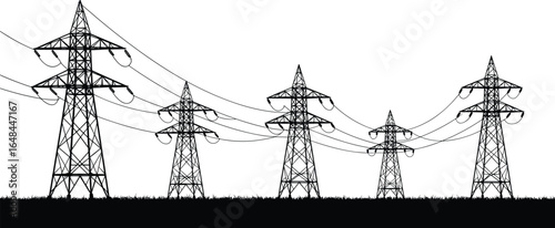 Electricity transmission towers, power pylons, high voltage lines, energy grid, industrial structure, black and white, rural landscape, utility cables