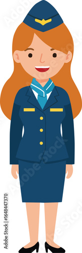 Female Flight Attendant in Uniform – Cartoon Style Airline Cabin Crew Character Standing and Smiling, Perfect for Travel, Aviation, Airline Service, and Tourism Design Projects