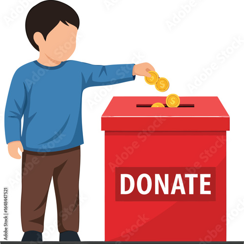 Child donating coins into a red donation box with the word DONATE.