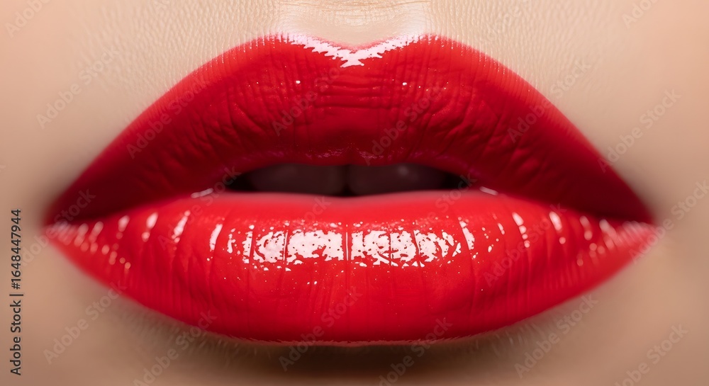 Fototapeta premium Glamorous close-up of a woman's seductive red lips, showcasing glossy lipstick and perfect skin.