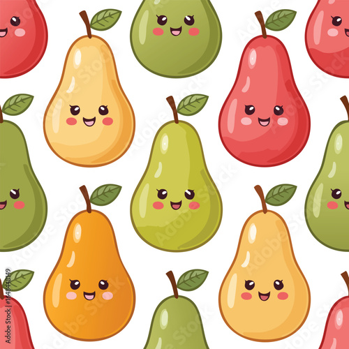 A delightful and colorful cartoon pattern featuring various smiling pears on a white background.