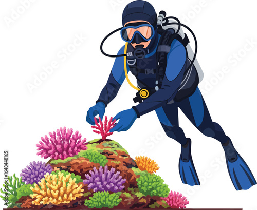 Diver examining colorful coral reef with gloved hands.