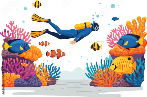 Diver exploring vibrant coral reef with colorful fish.
