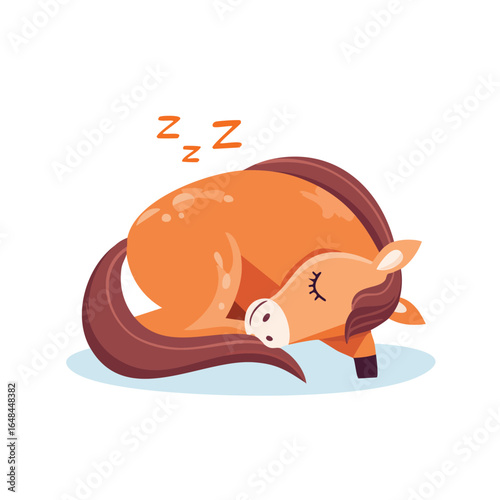 A charming cartoon illustration of a sleeping brown horse in a curled-up position, resting peacefully.