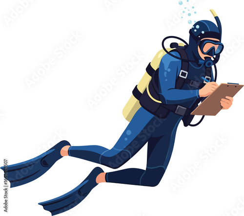 Diver in blue wetsuit taking notes on a clipboard underwater.