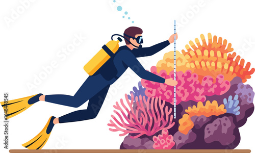 Diver measuring vibrant coral reef with measuring stick.